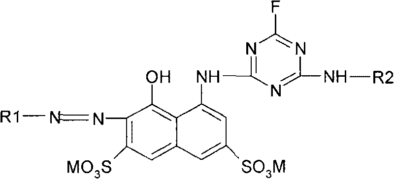 Red reactive dyes containing fluorotriazine and preparation method and application thereof