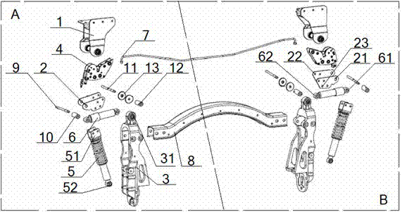 Bidirectional vibration absorption type rear suspension device of driving cab of automobile