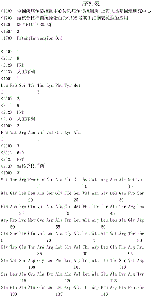 Mycobacterium tuberculosis antigen protein Rv1798 and application of T cell epitope peptide of Mycobacterium tuberculosis antigen protein Rv1798