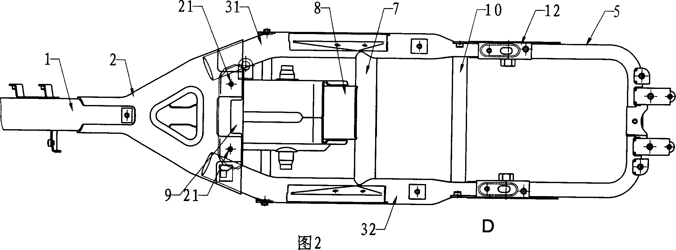 Bent-beam motorcycle frame with large helmet case