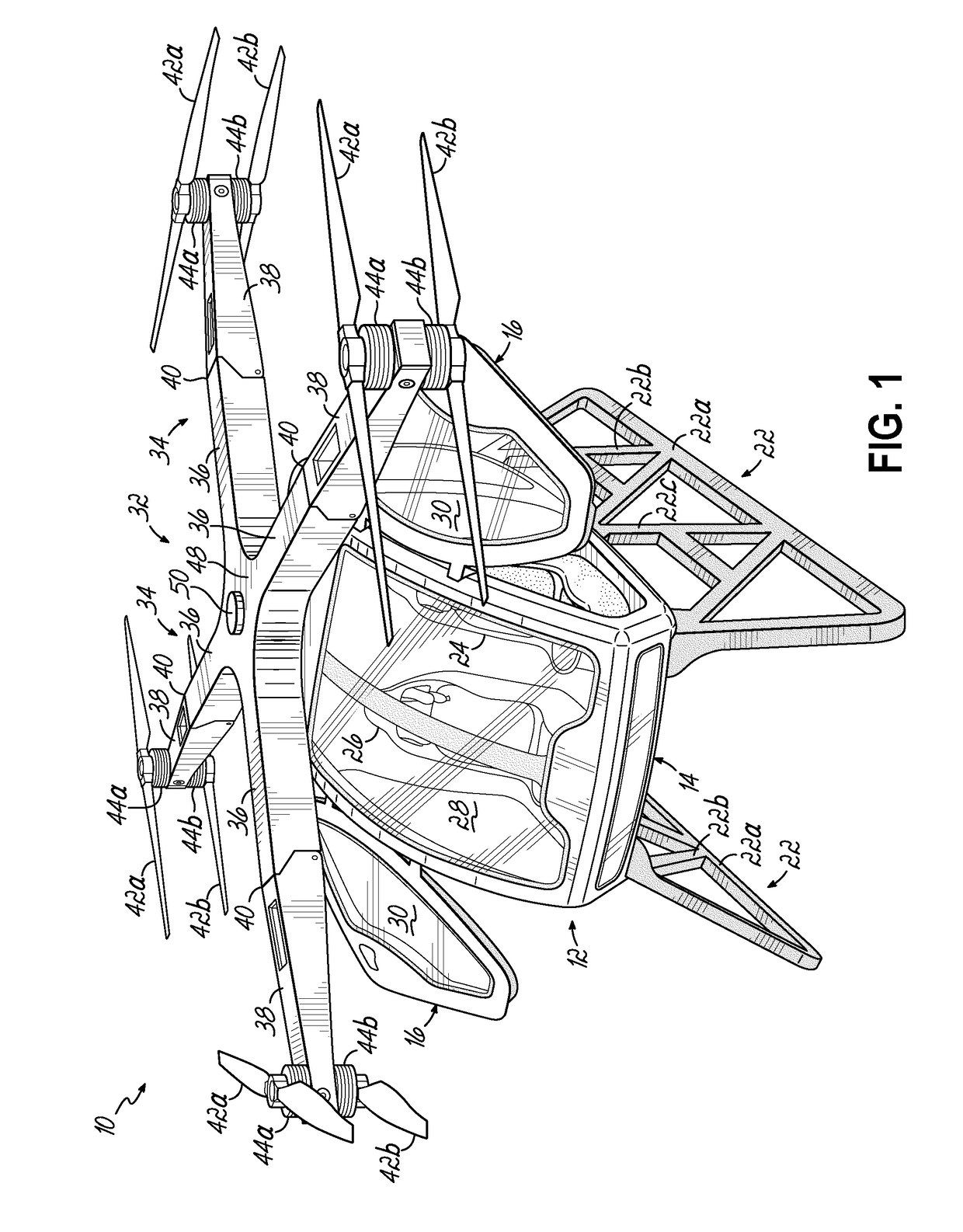 Auxiliary power system for rotorcraft with folding propeller arms and crumple zone loading gear