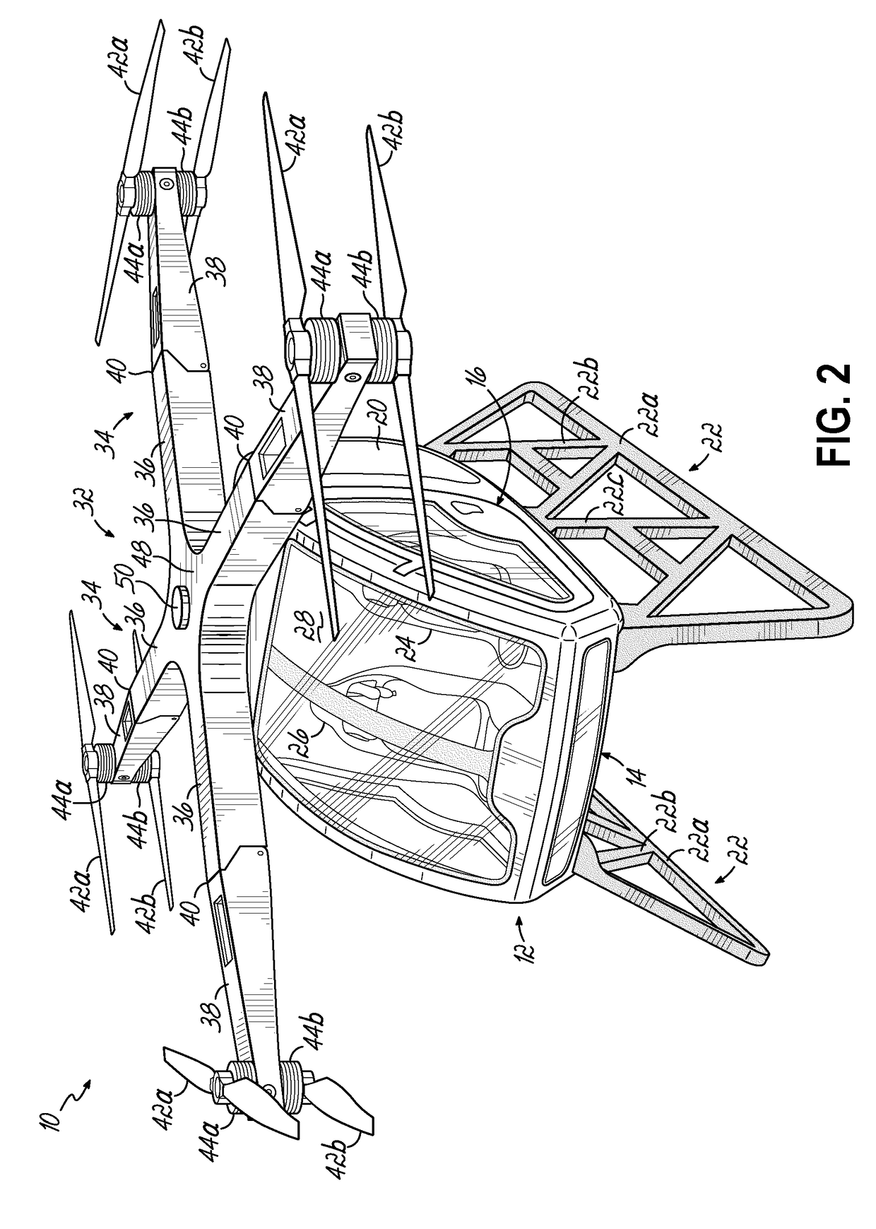 Auxiliary power system for rotorcraft with folding propeller arms and crumple zone loading gear