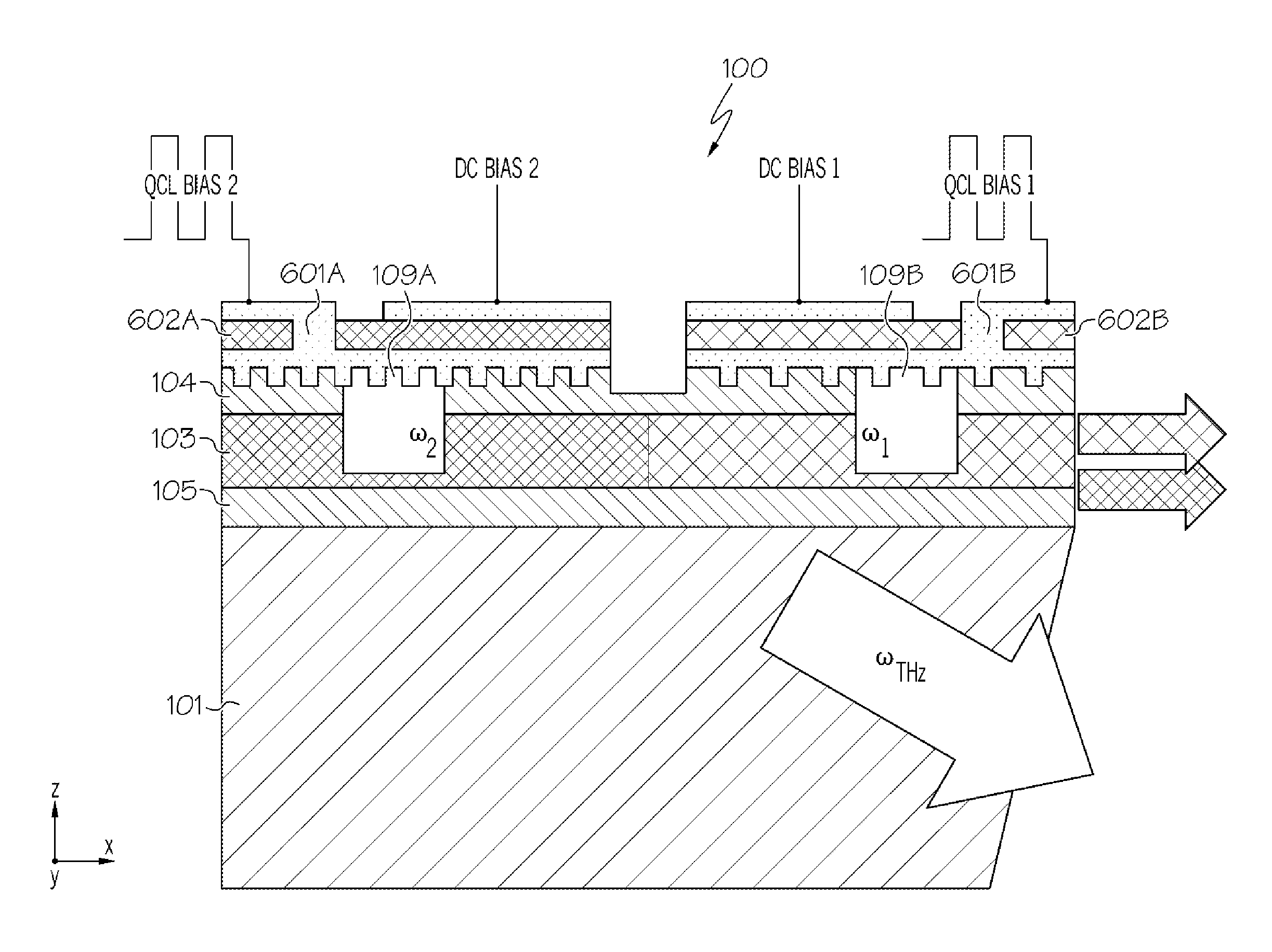 Monolithic tunable terahertz radiation source using nonlinear frequency mixing in quantum cascade lasers