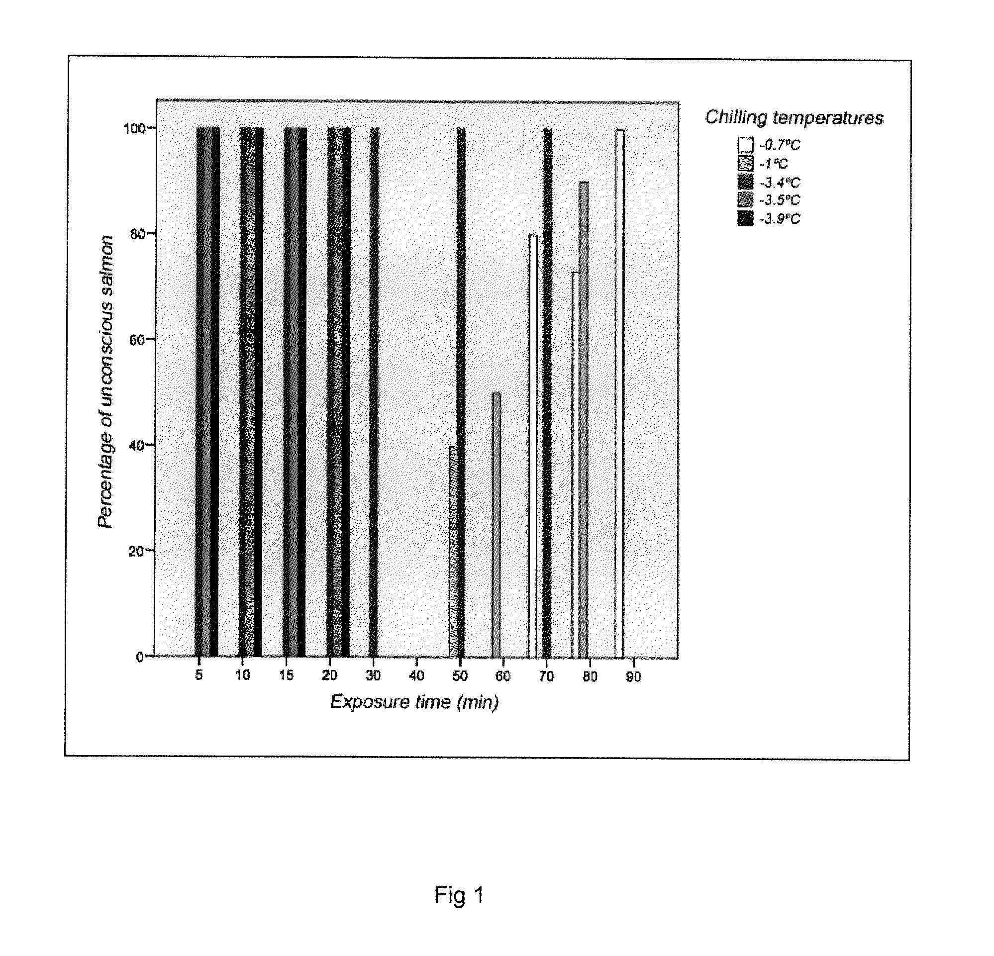 Cooling process for cultivated salmon to rapidly induce unconsciousness during harvest