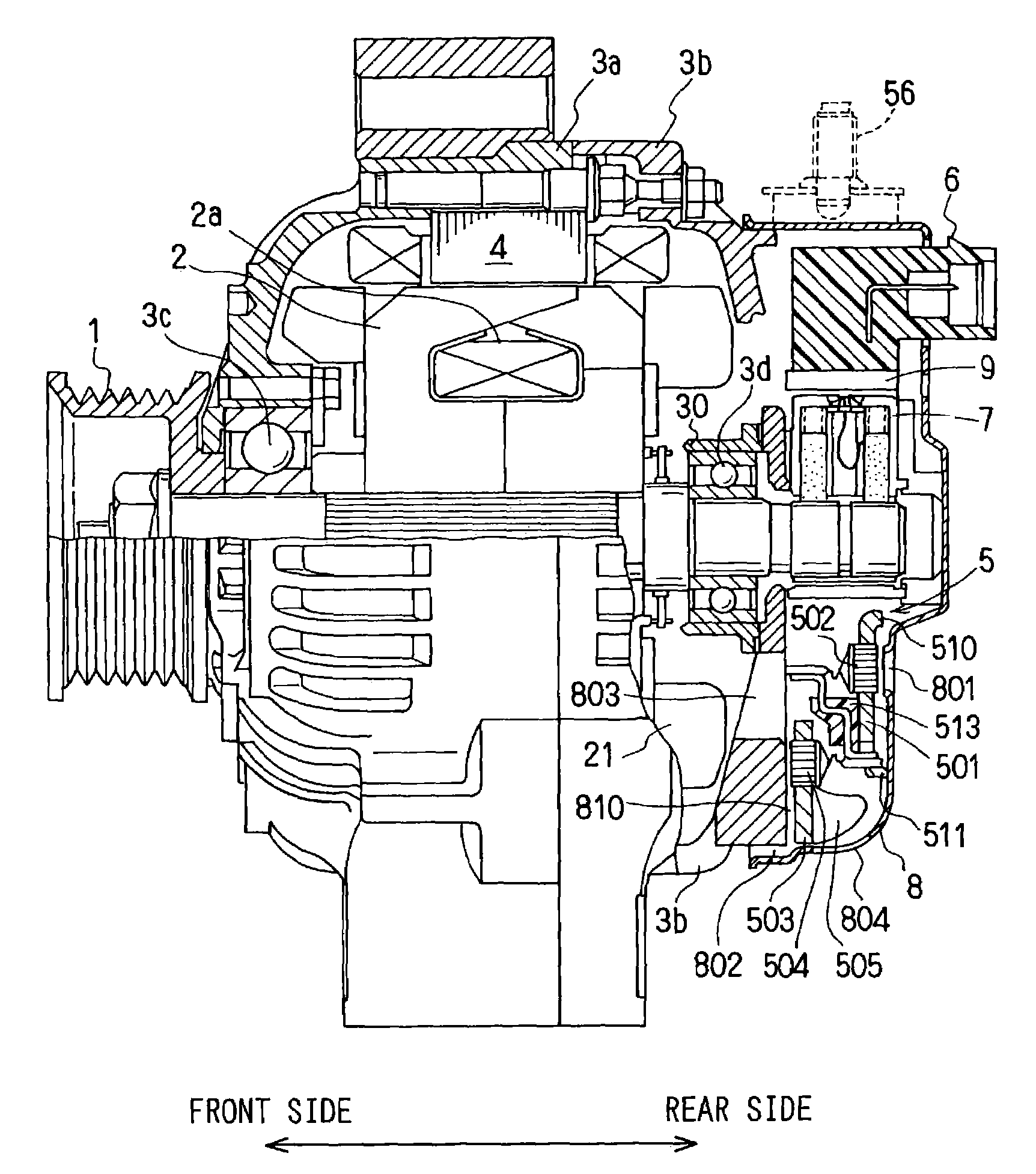 Automotive alternator having rectifier mounted on heatsink plate with cooling fins