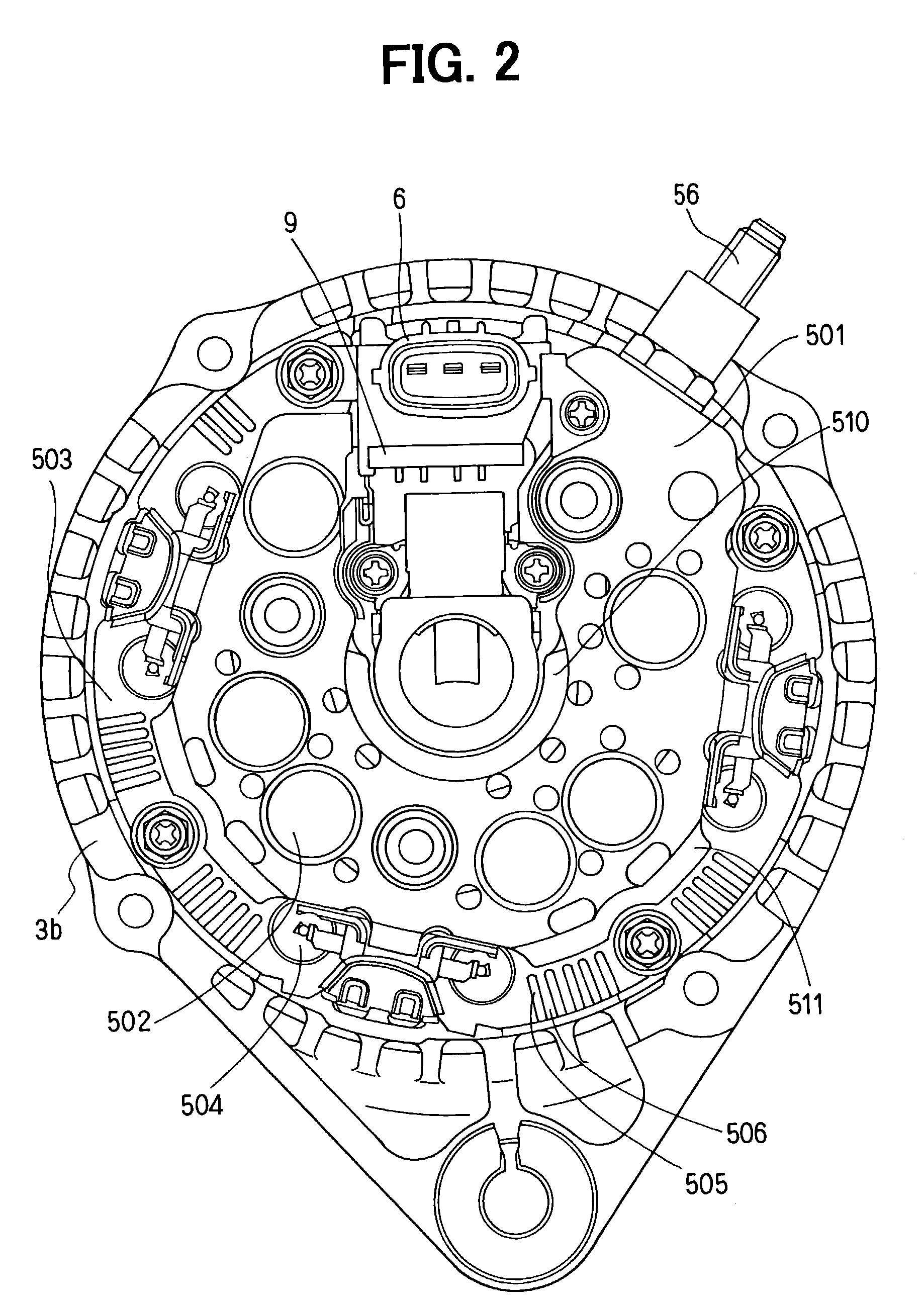 Automotive alternator having rectifier mounted on heatsink plate with cooling fins