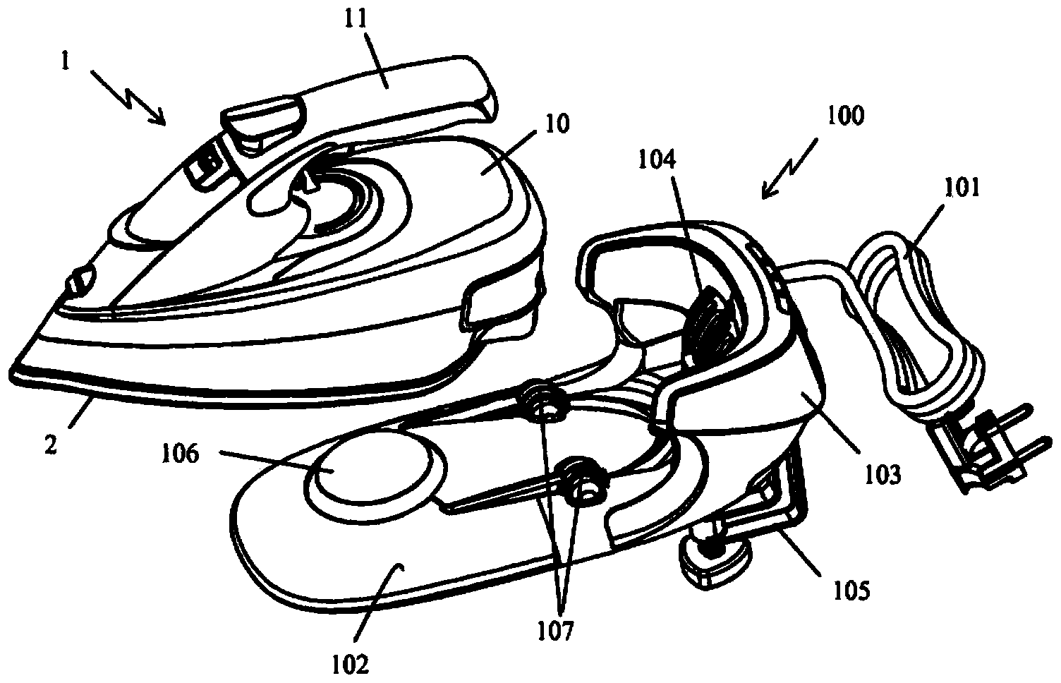 Clothes iron including a button for controlling the steam