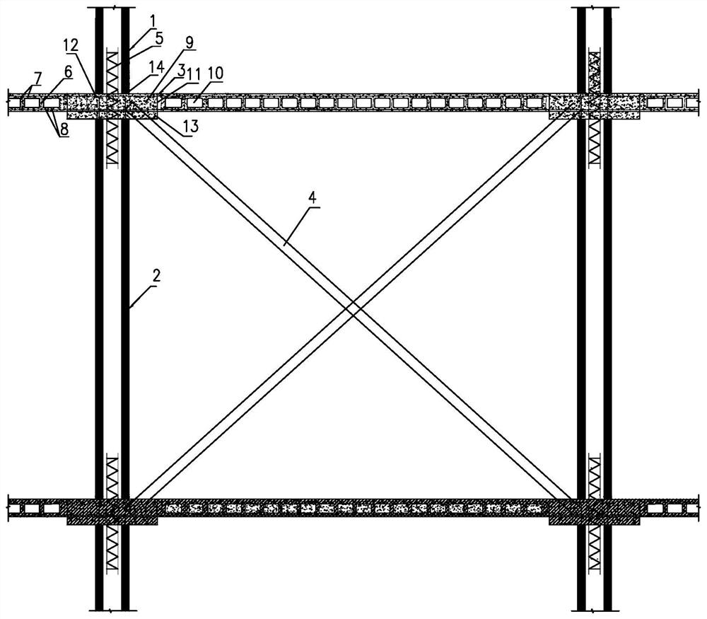 Connecting structure of inclined strut prefabricated concrete pipe pile columns and hollow floor or flat slab