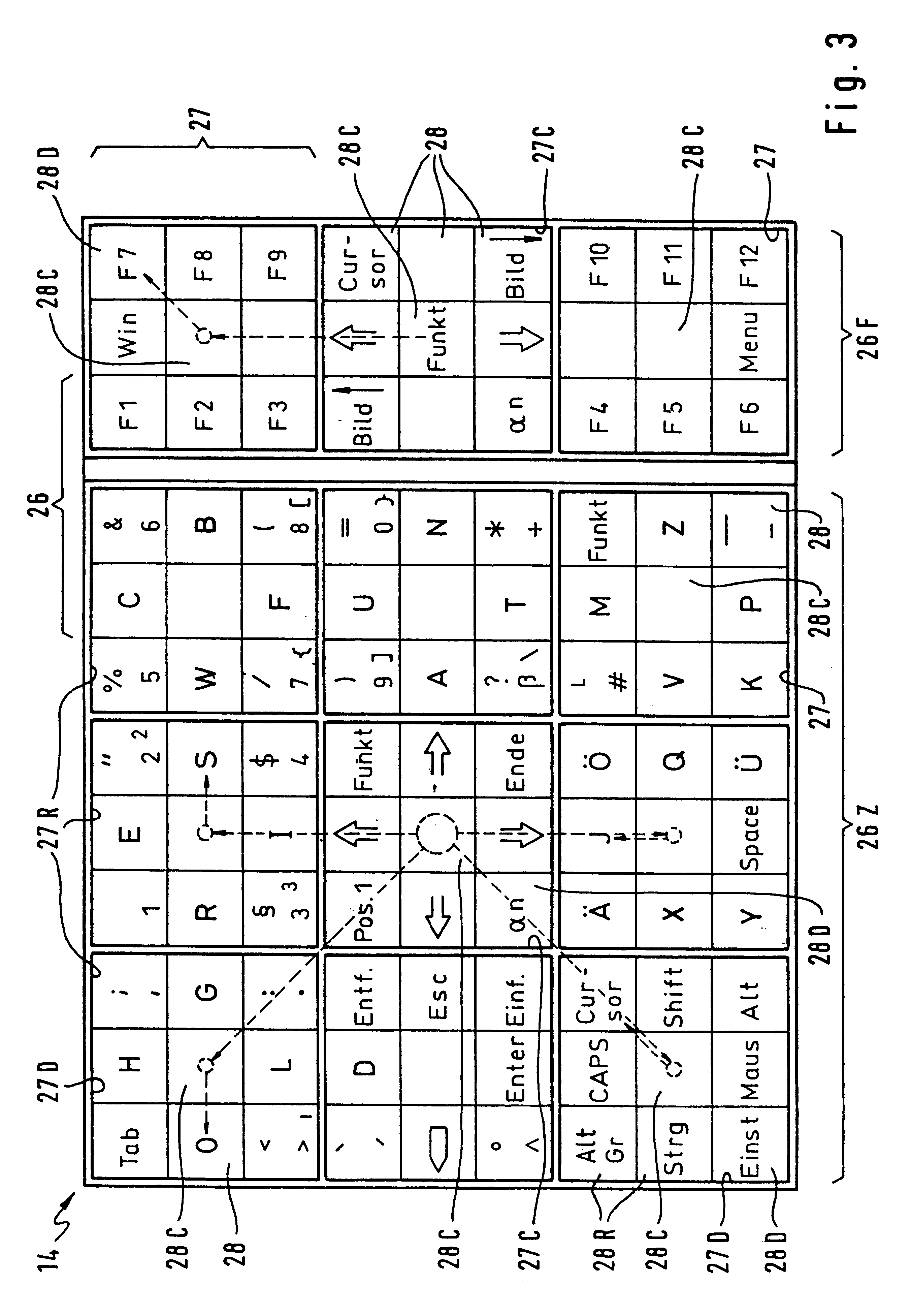 Method for transferring characters especially to a computer and an input device which functions according to this method