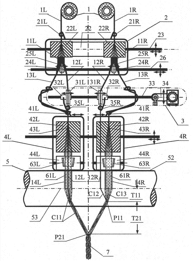 Non-equal convergent point double tow-screen composite yarn, spinning method and application