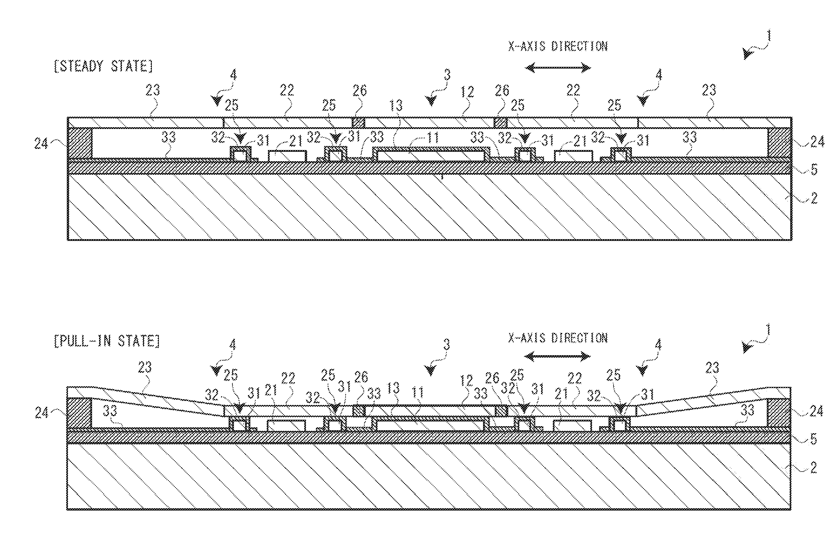 Electrostatic actuator, variable capacitance capacitor, electric switch, and method for driving electrostatic actuator