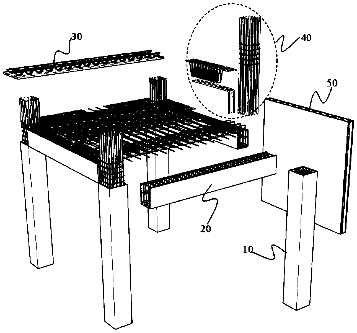 Integrally-assembled concrete overlapping structure system and construction method thereof