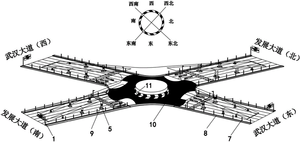 Bidirectional flyover rotary intersection road surface guidance system