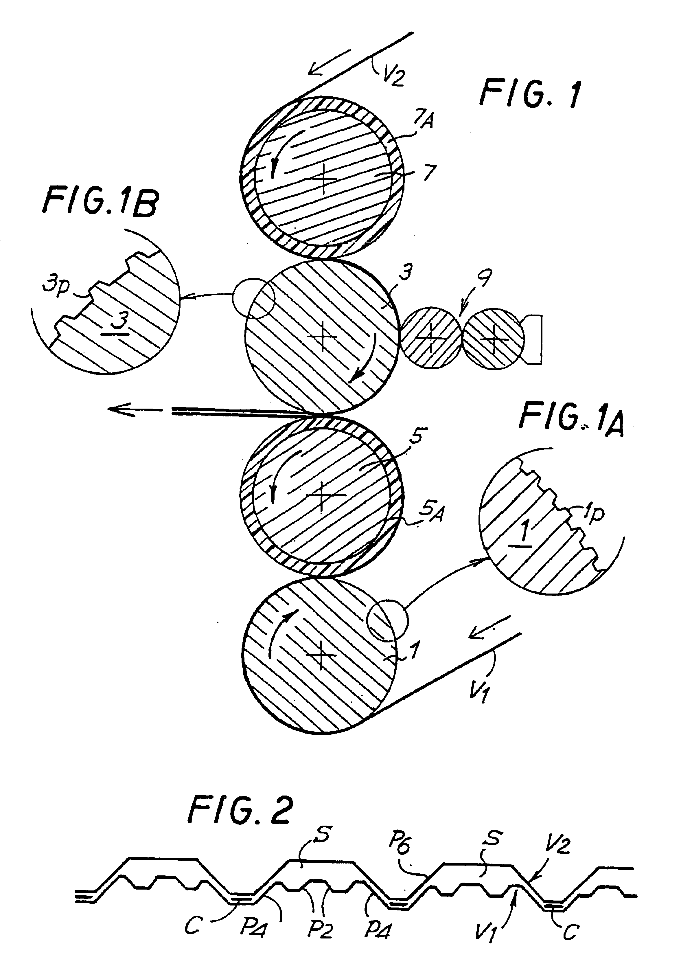 Method and device for producing an embossed web material and product made in this way