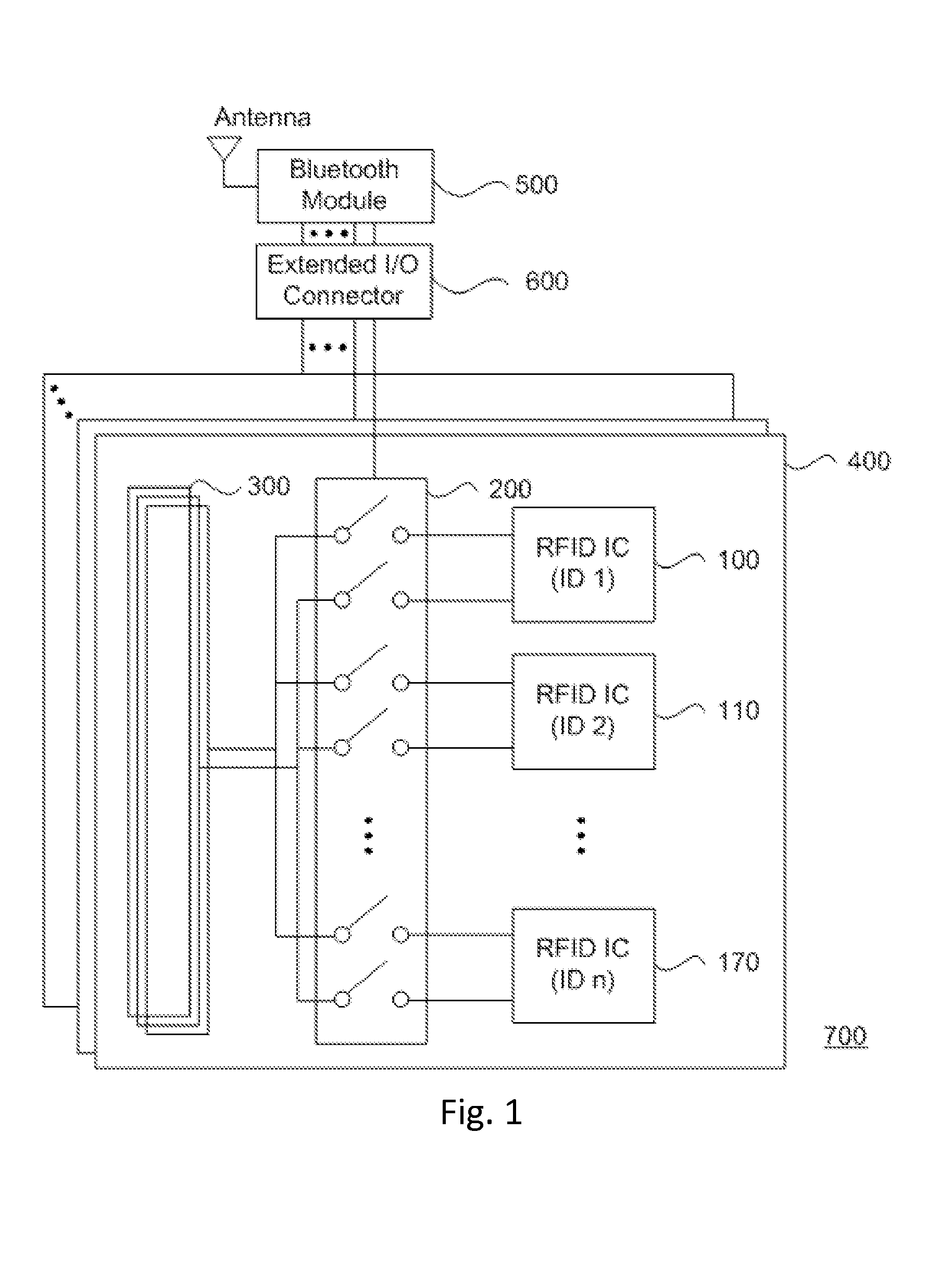 Rfid-to-bluetooth selective adapter with multiple RFID integrated chips