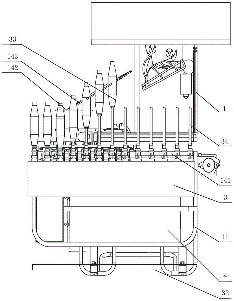 Doffing parent-subsidiary car device with four-bar lifting mechanism