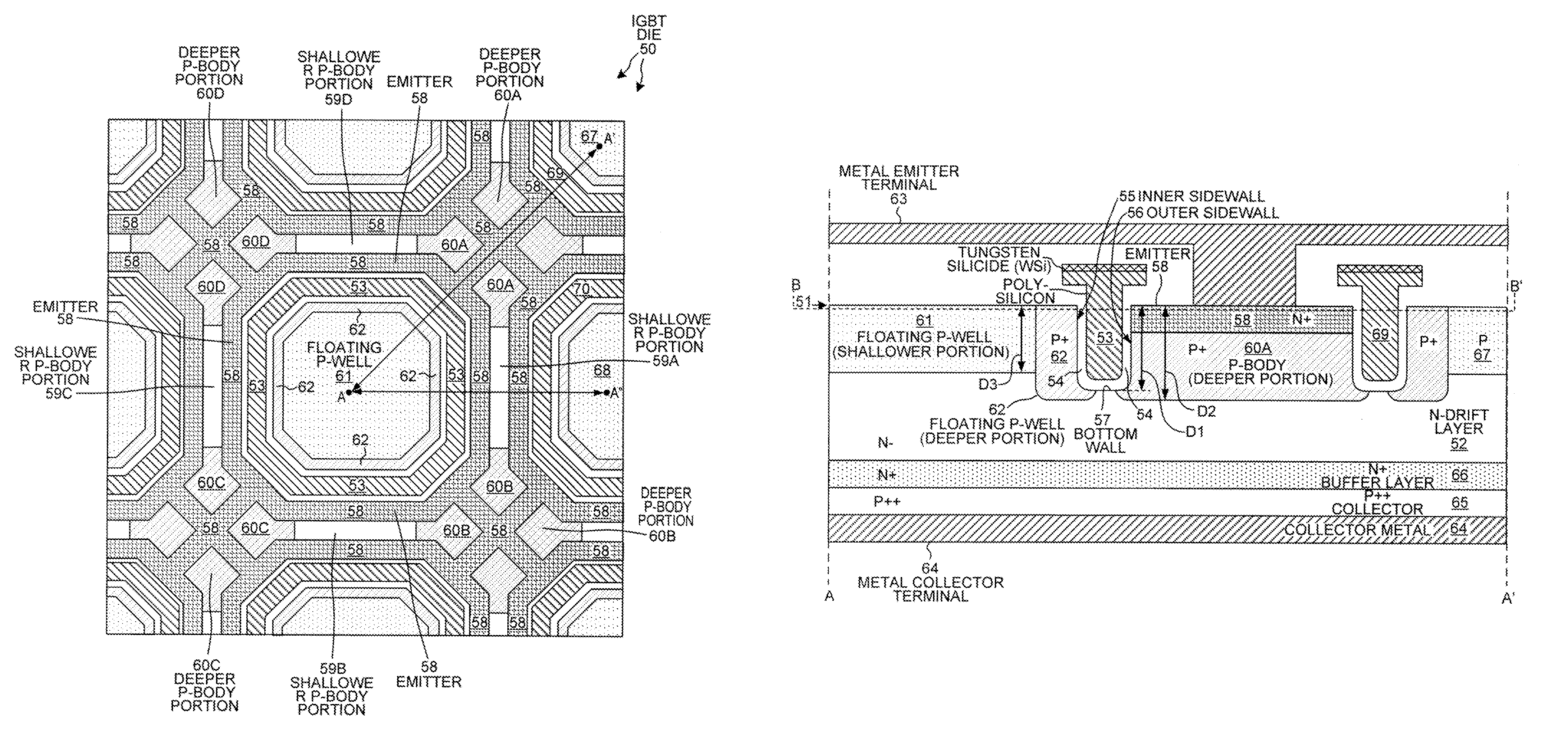 Trench IGBT with tub-shaped floating P-well and hole drains to P-body regions