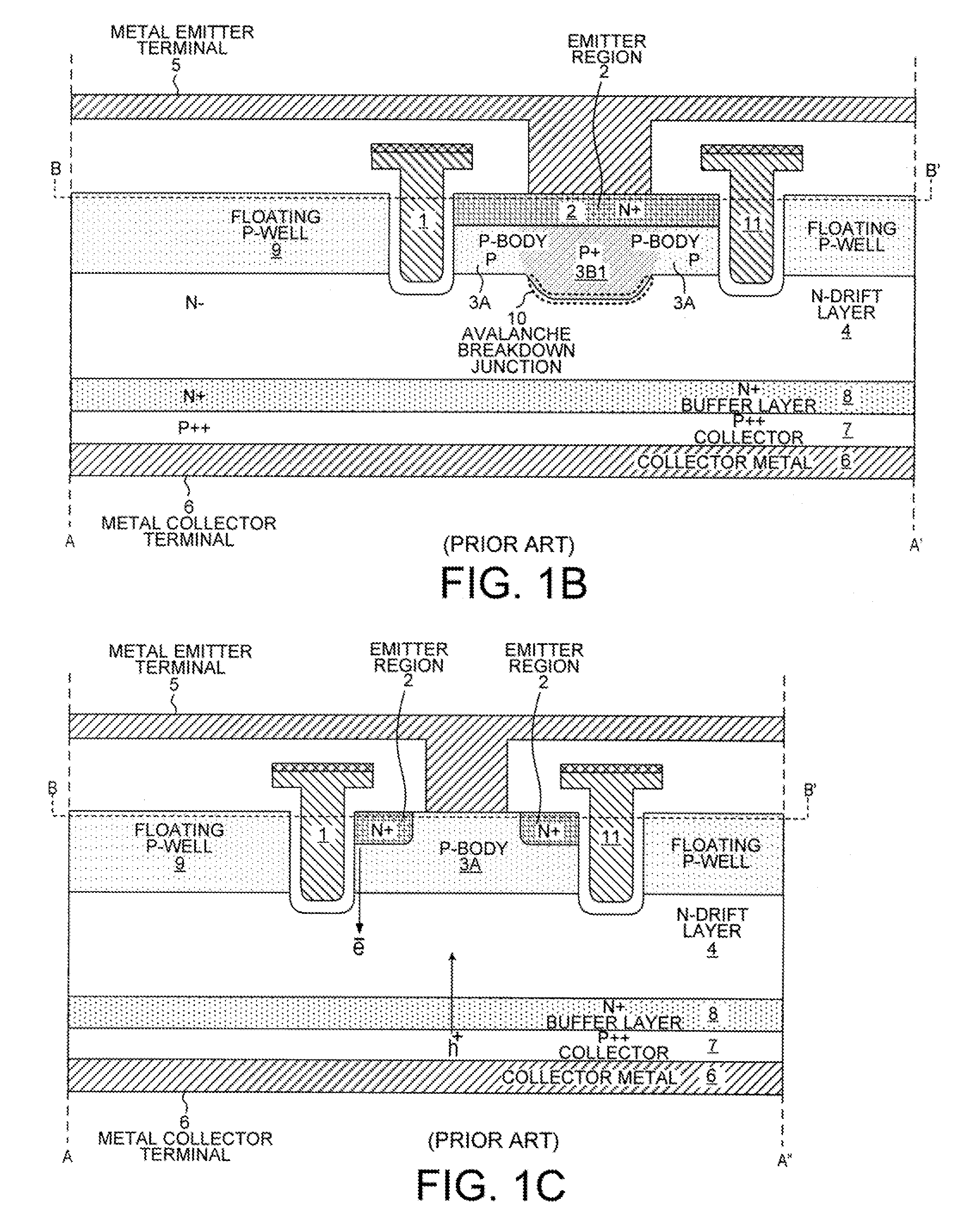 Trench IGBT with tub-shaped floating P-well and hole drains to P-body regions