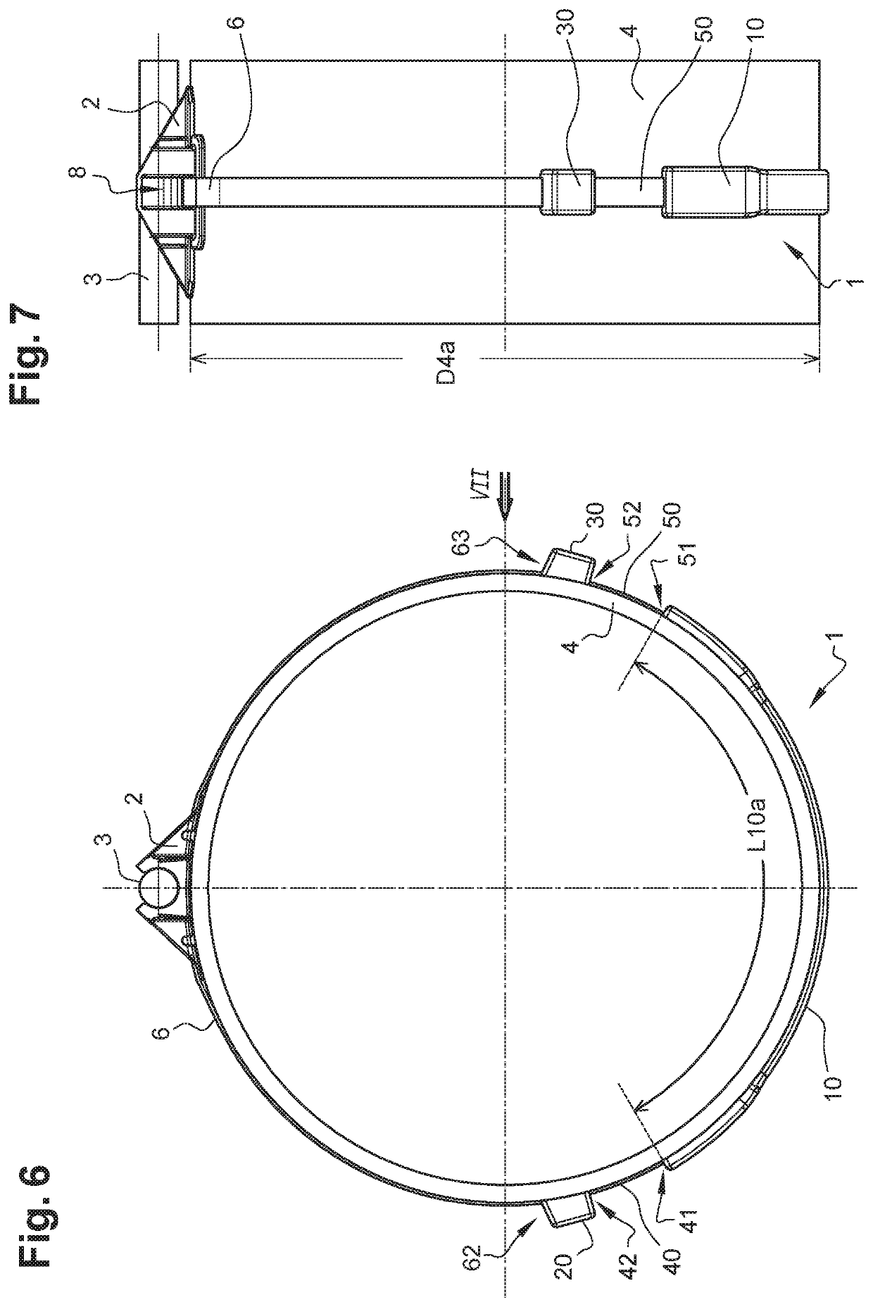 Device for securing an element on a pipe, securing system, installation and implementation method