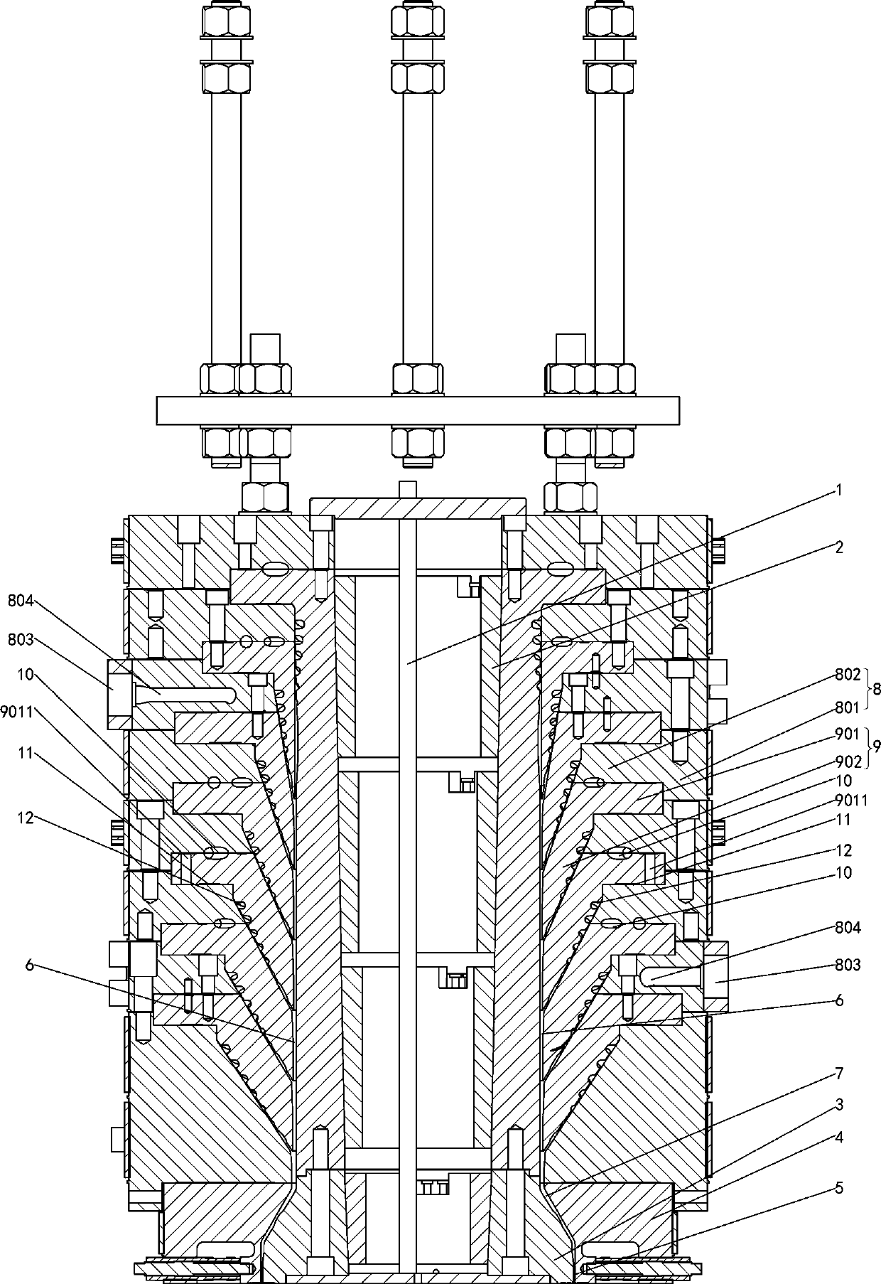 A combined stacking die head for a film blowing machine