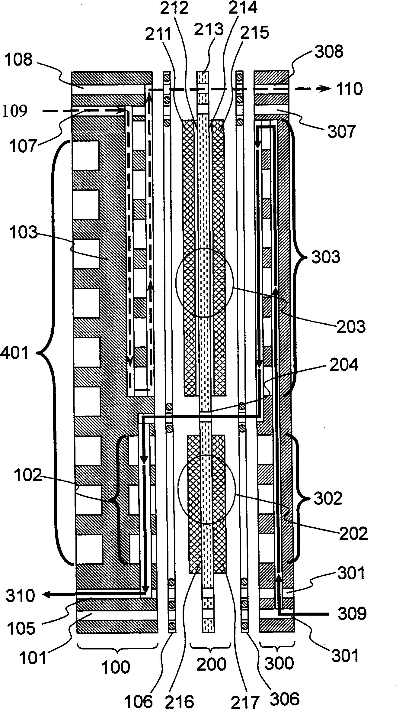 Fuel cell with humidification zone of single cell