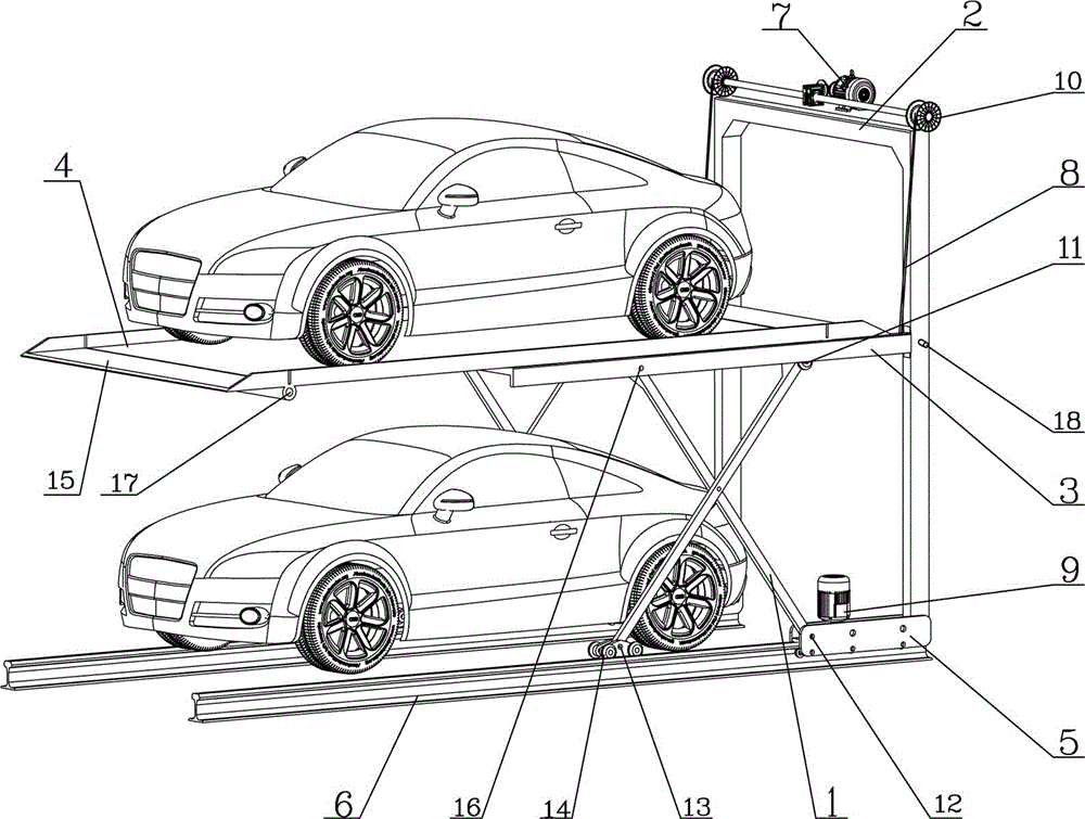 Slide sway type stereoscopic garage with shear forks