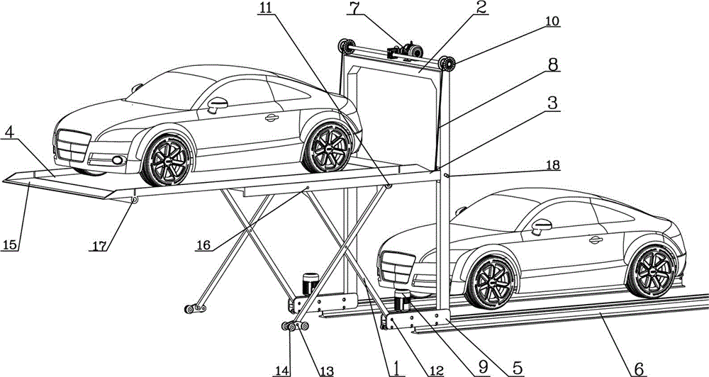 Slide sway type stereoscopic garage with shear forks