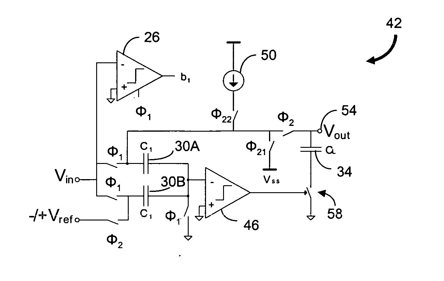 Comparator-based switched capacitor circuit for scaled semiconductor fabrication processes