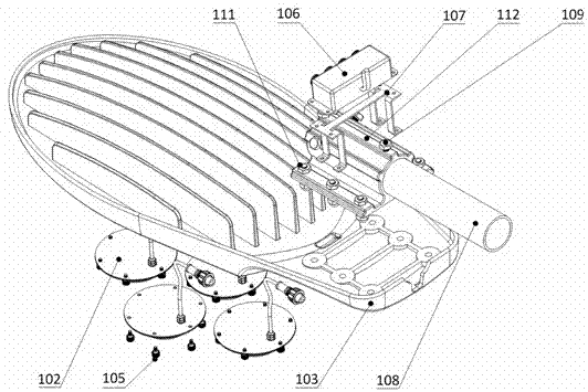 LED (Light-Emitting Diode) streetlamp utilizing lamp shell with heat radiator as mounting interface bracket structure