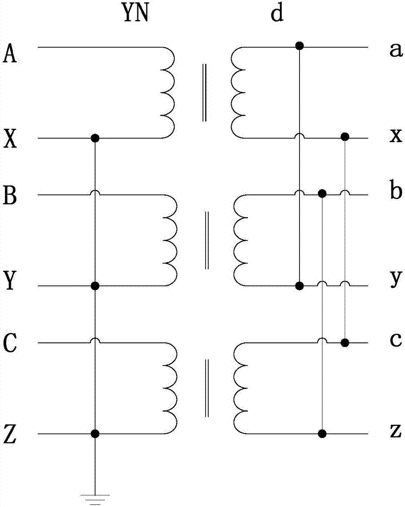 No-load magnetizing inrush current suppression method of YNd11 type three-phase transformer