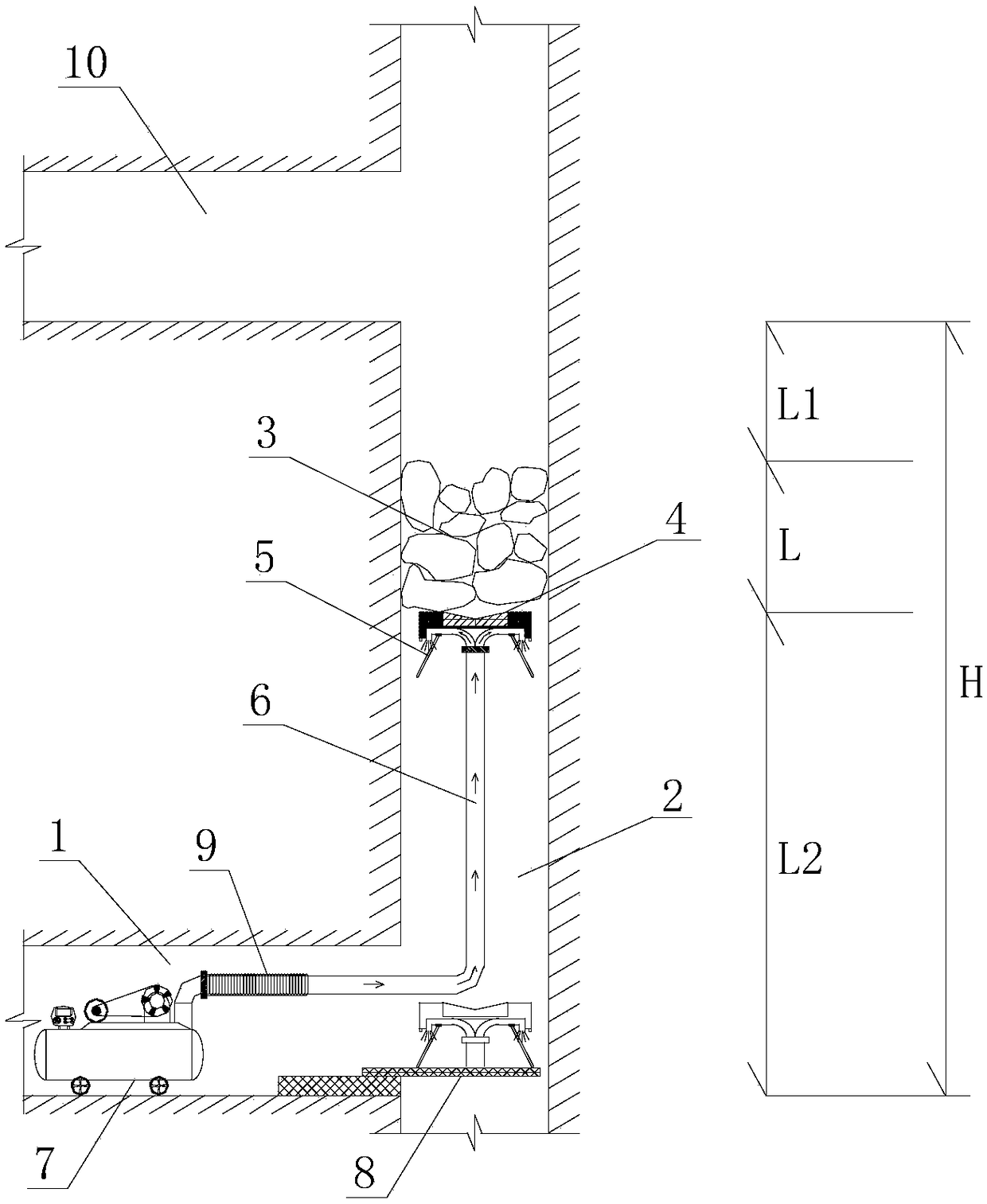 A kind of chute suspension blasting device and its applied chute clogging and dredging method