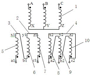 Star-shaped, reverse open-triangular and triangular tie line combined traction transformer