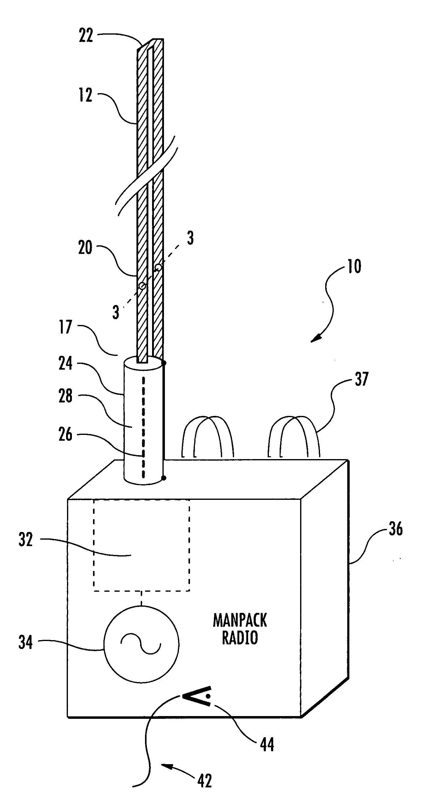 Folded-monopole whip antenna, associated communication device and method