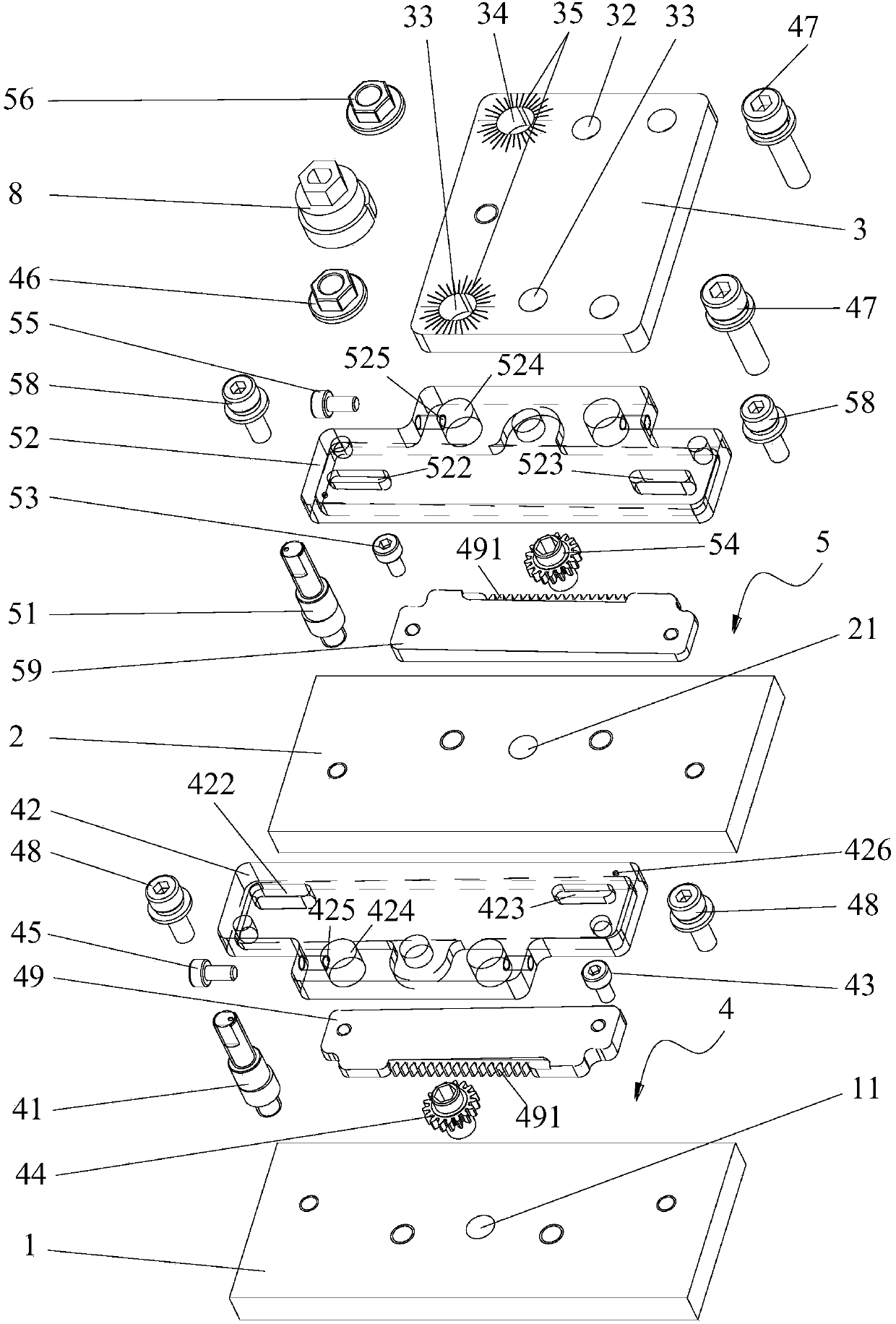 LED display system, gap adjusting device for fixing and assembling screen bodies and adjusting method