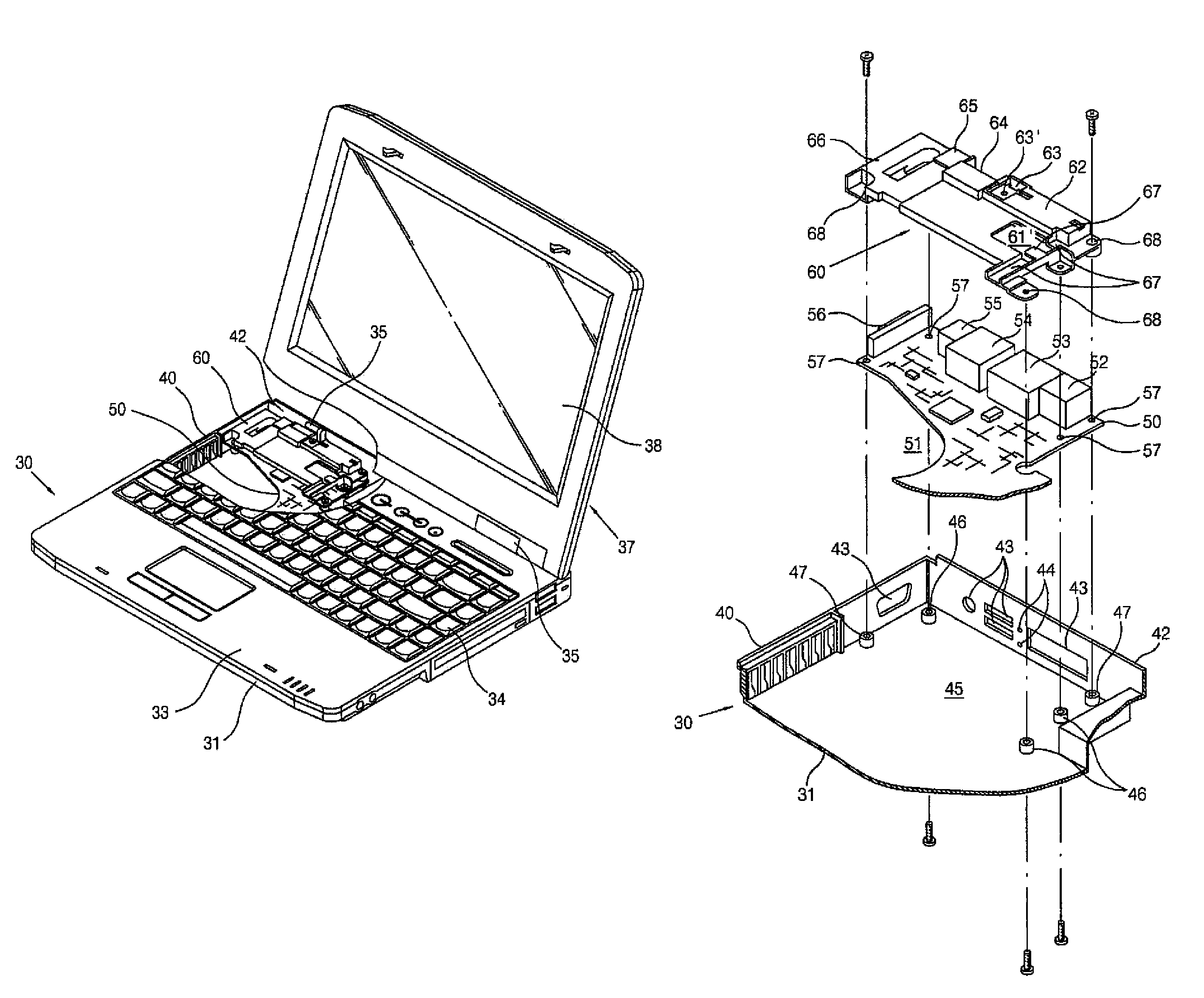 Hinge frame for portable computer and structure for mounting the same