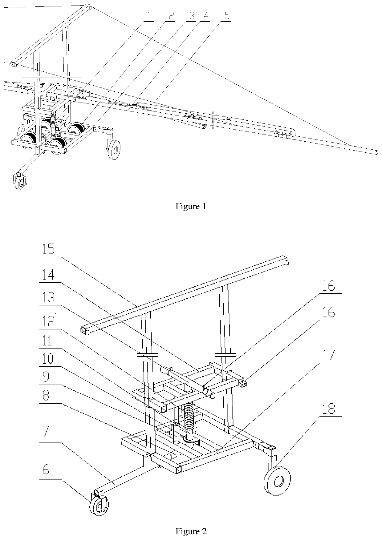 Sprinkler cart of hose reel irrigator in folding truss inhaul-cable type