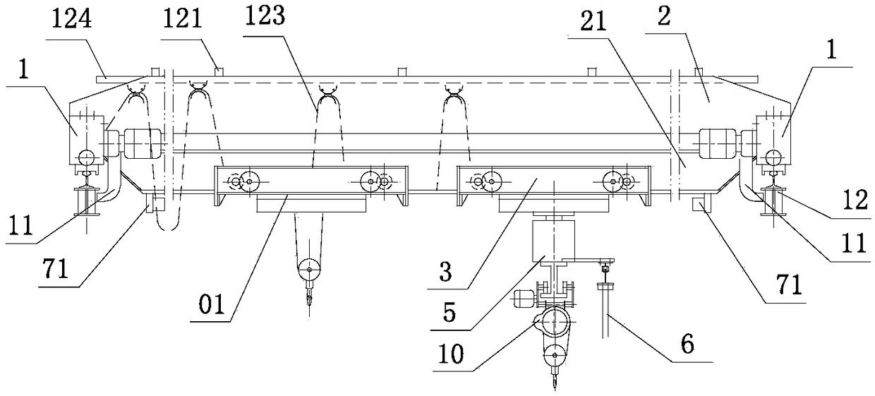 Crane with double trollies and balance weight cantilever beam