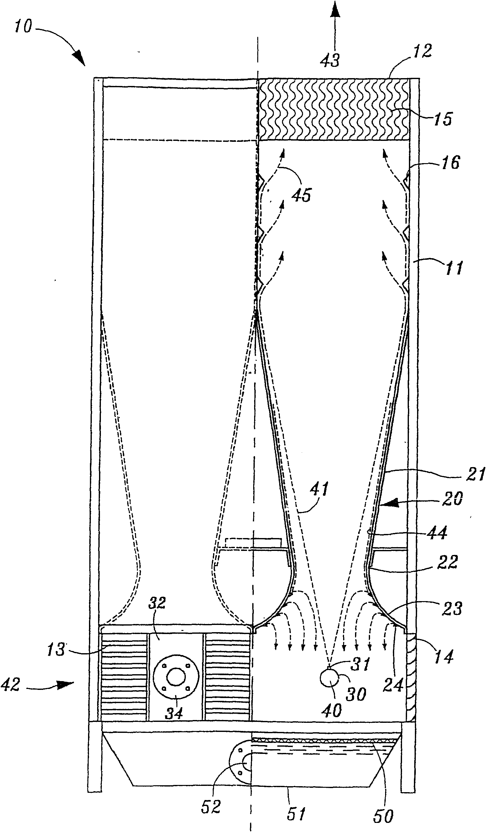 Packless fluid hydraulic cooling tower