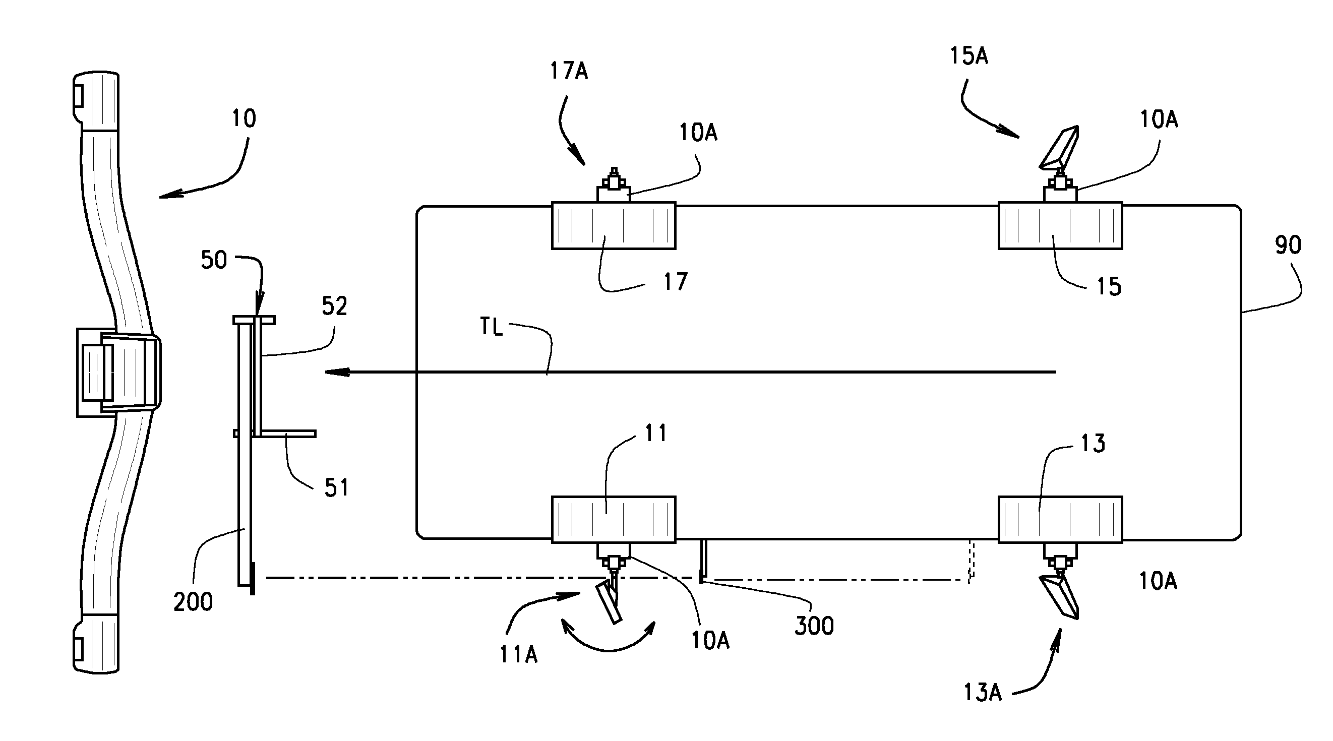 Method and apparatus for positioning a vehicle service device relative to a vehicle thrust line