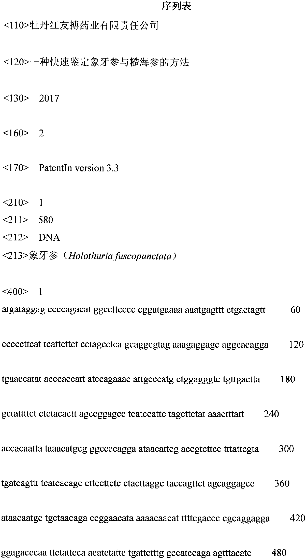 A method for rapid identification of ivory-participating sea cucumbers