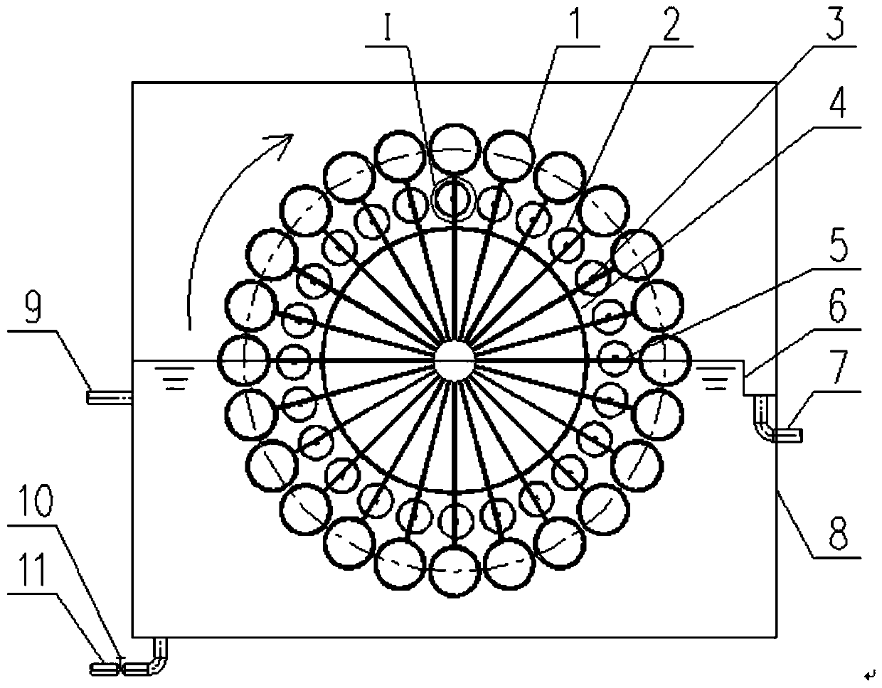 A rotary composite biological sewage treatment device and method