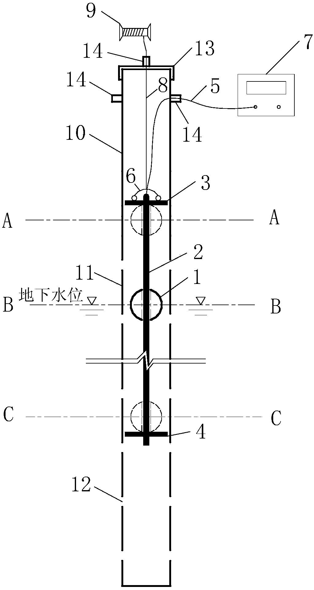 Device and setting method for measuring underground water level of vacuum drainage prepressing sealing membrane