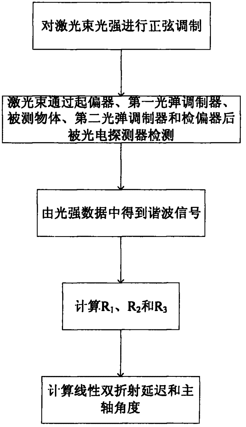 Birefringence detection device and detection method based on sinusoidal modulation of light intensity of light source