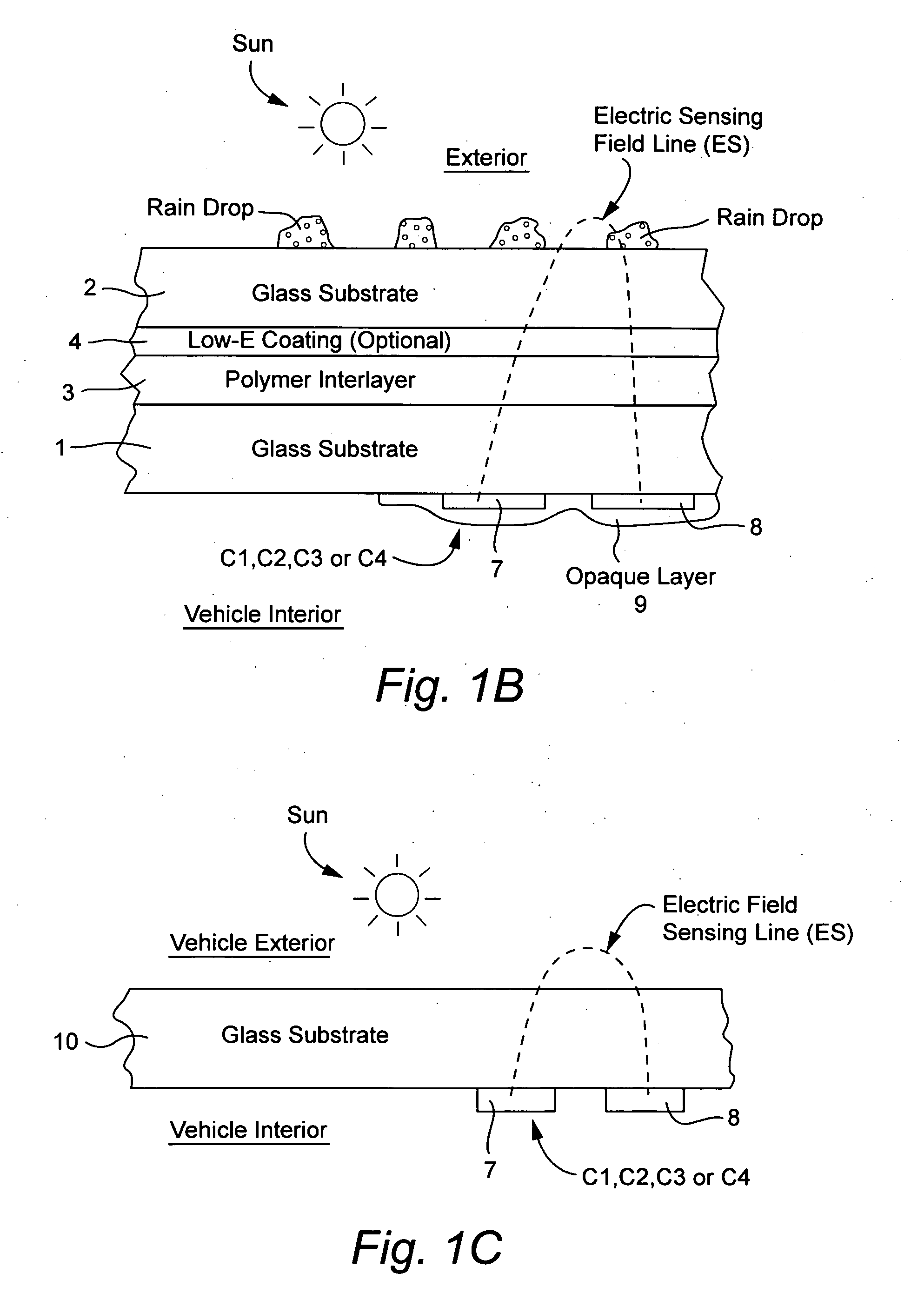 Rain sensor for detecting rain or other material on window of a vehicle or on other surface