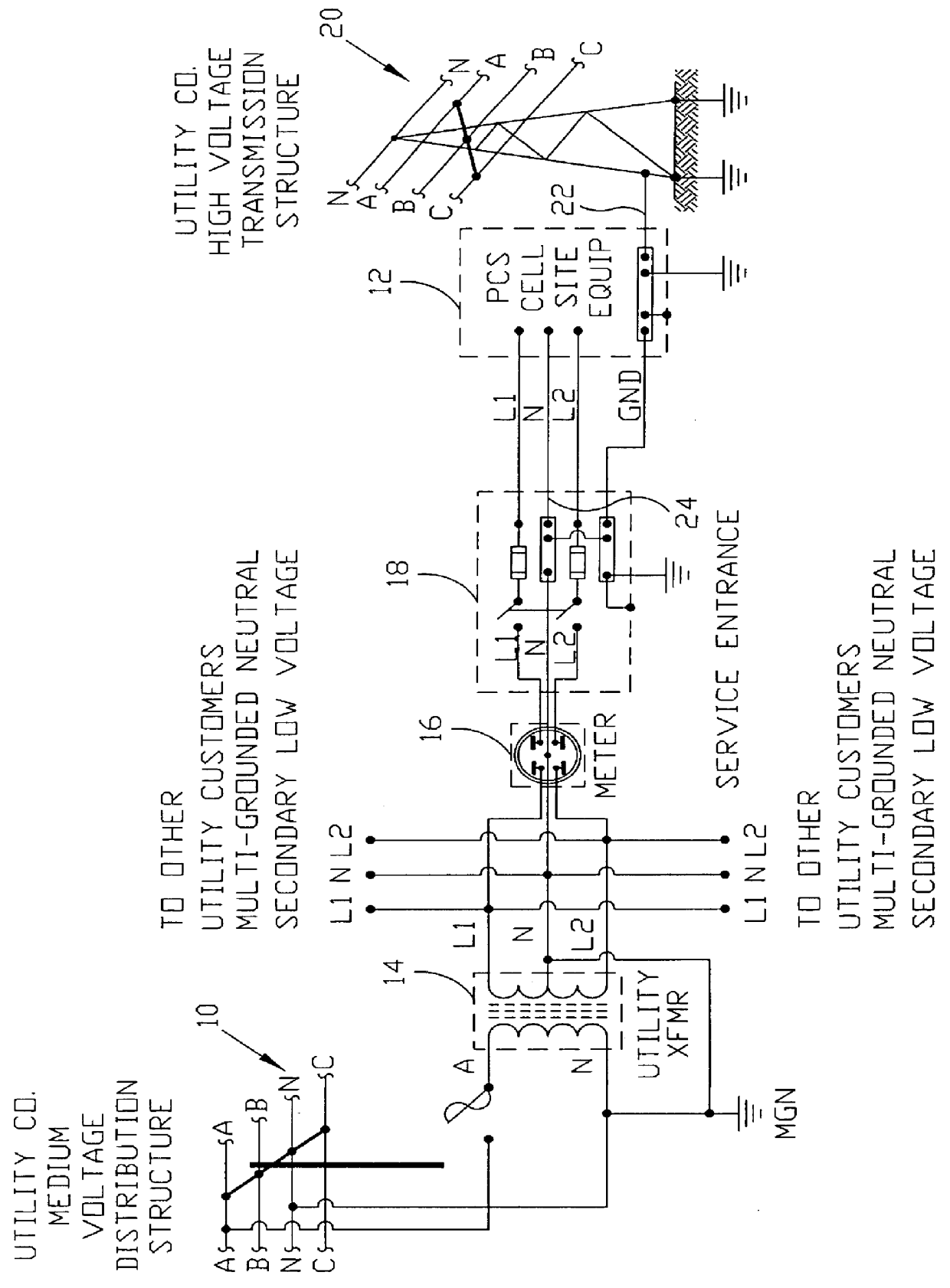 Multi-grounded neutral electrical isolation between utility secondary low-voltage power service and high-voltage transmission structures