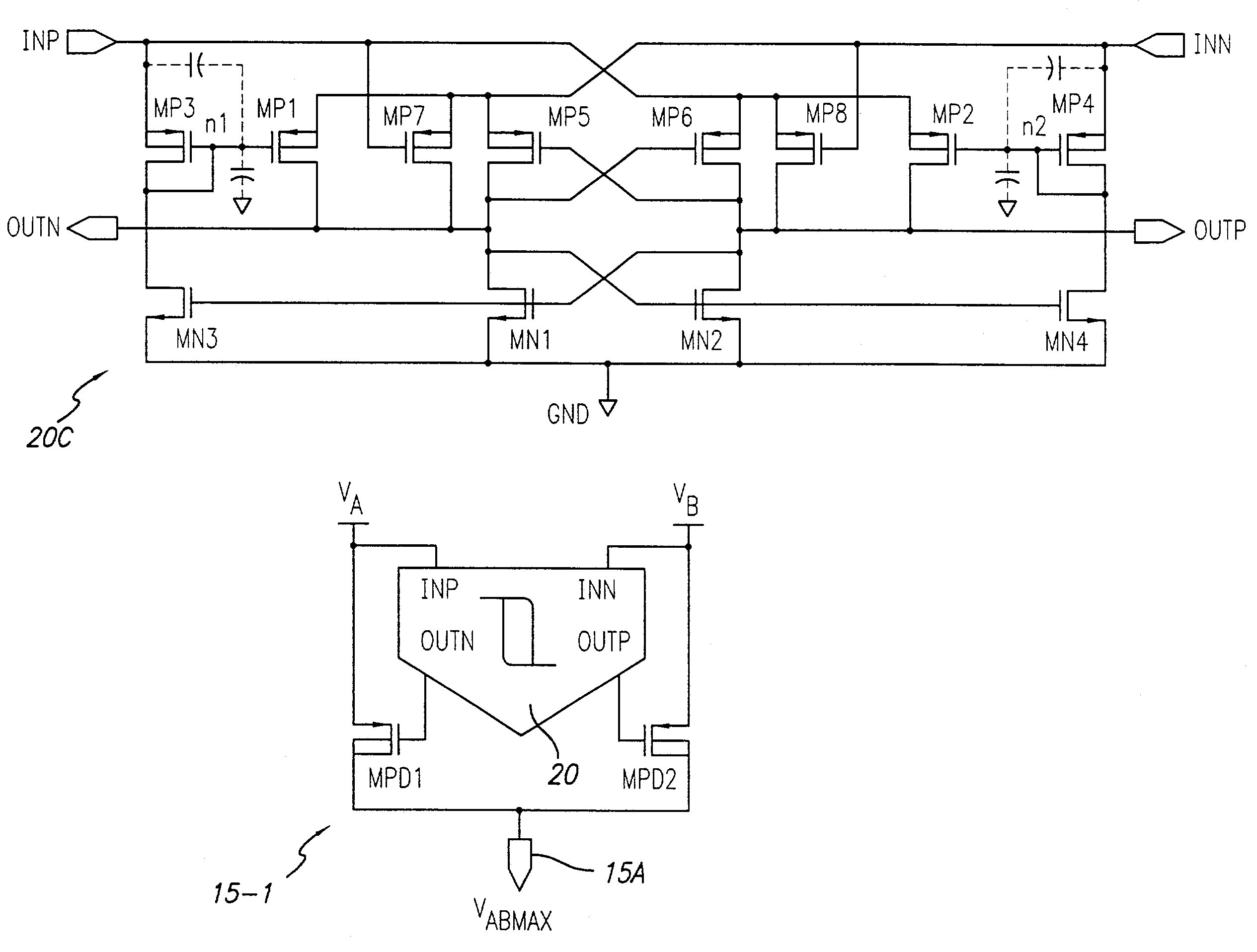 Self-biased comparator with hysteresis control for power supply monitoring and method