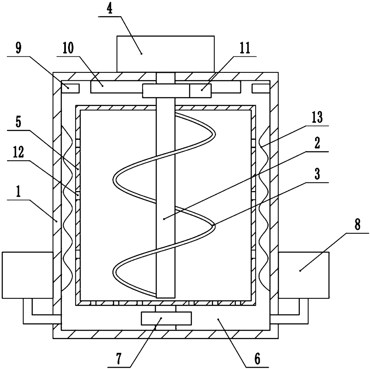 Stirring device for PE blown film raw material particle machining