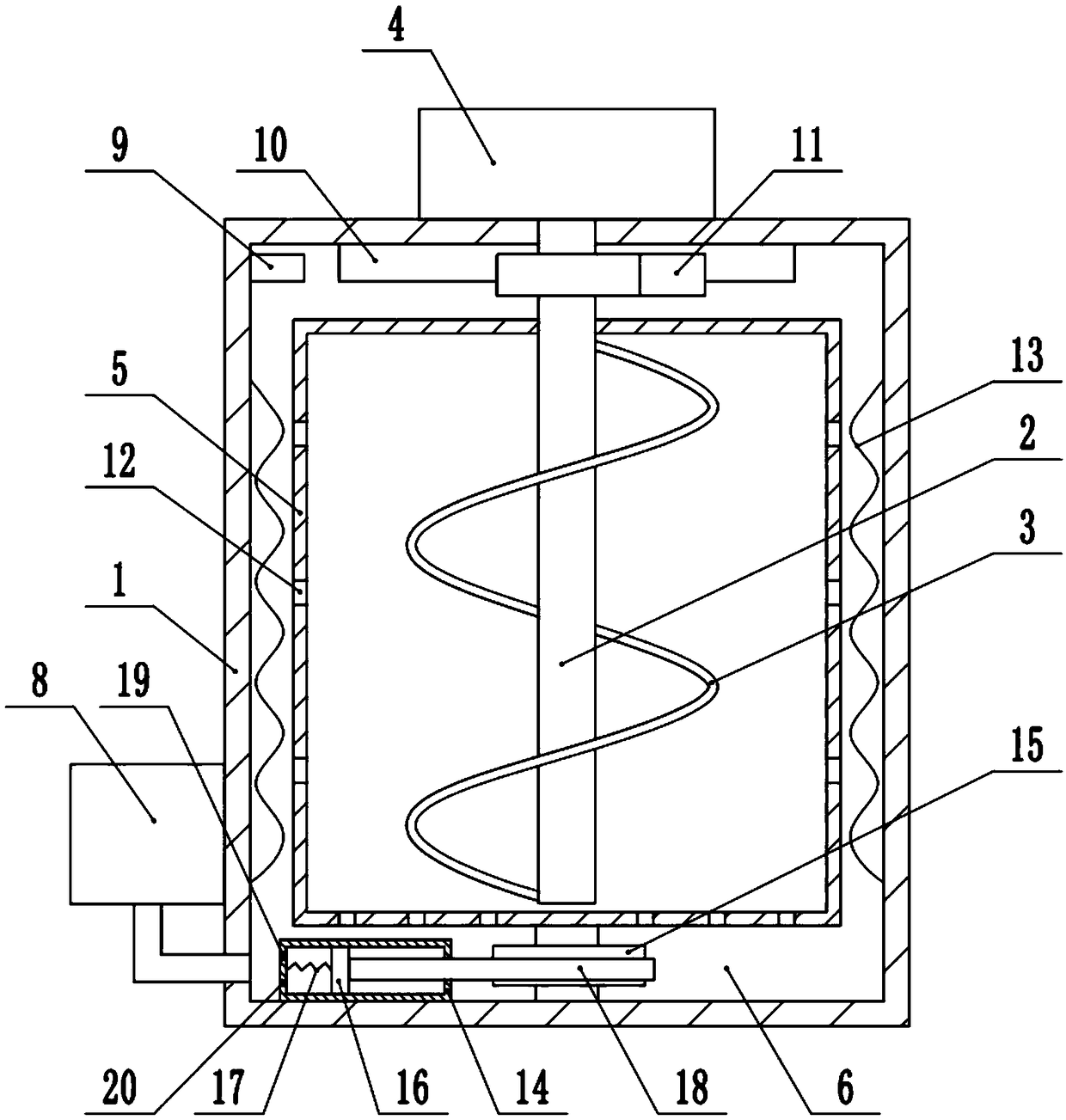 Stirring device for PE blown film raw material particle machining