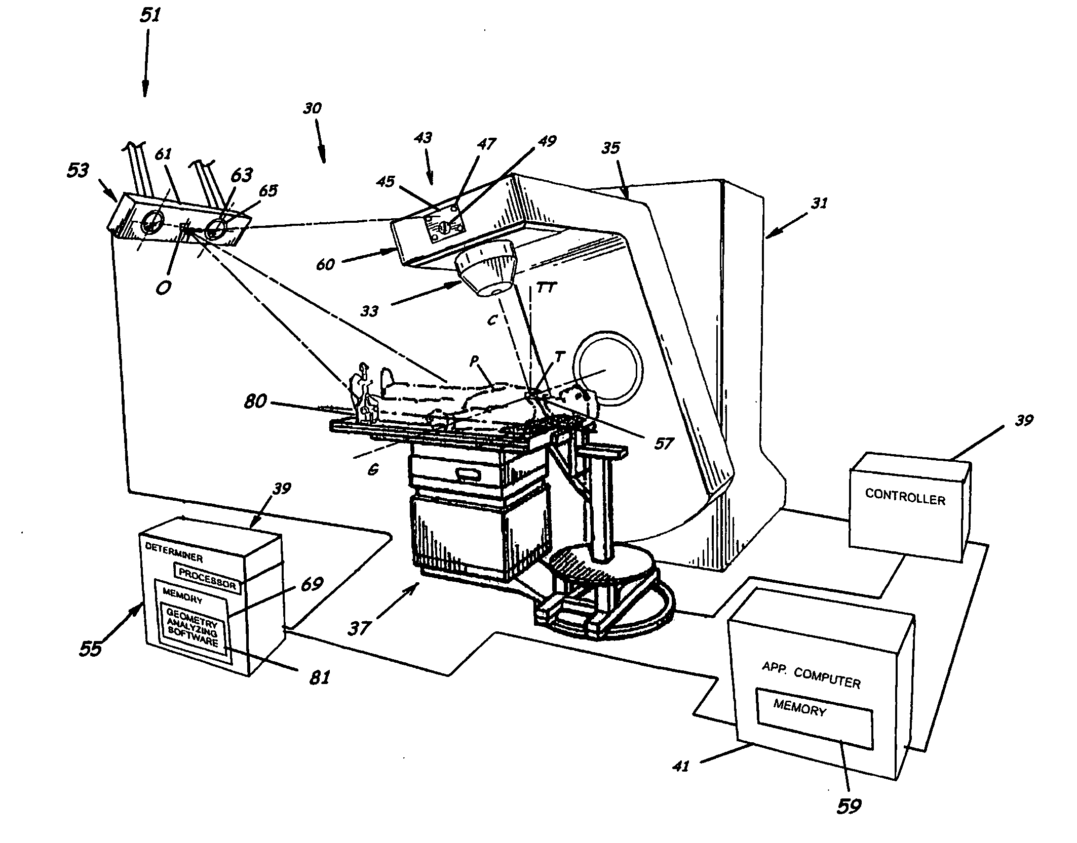 System for monitoring the geometry of a radiation treatment apparatus, trackable assembly, program product, and related methods