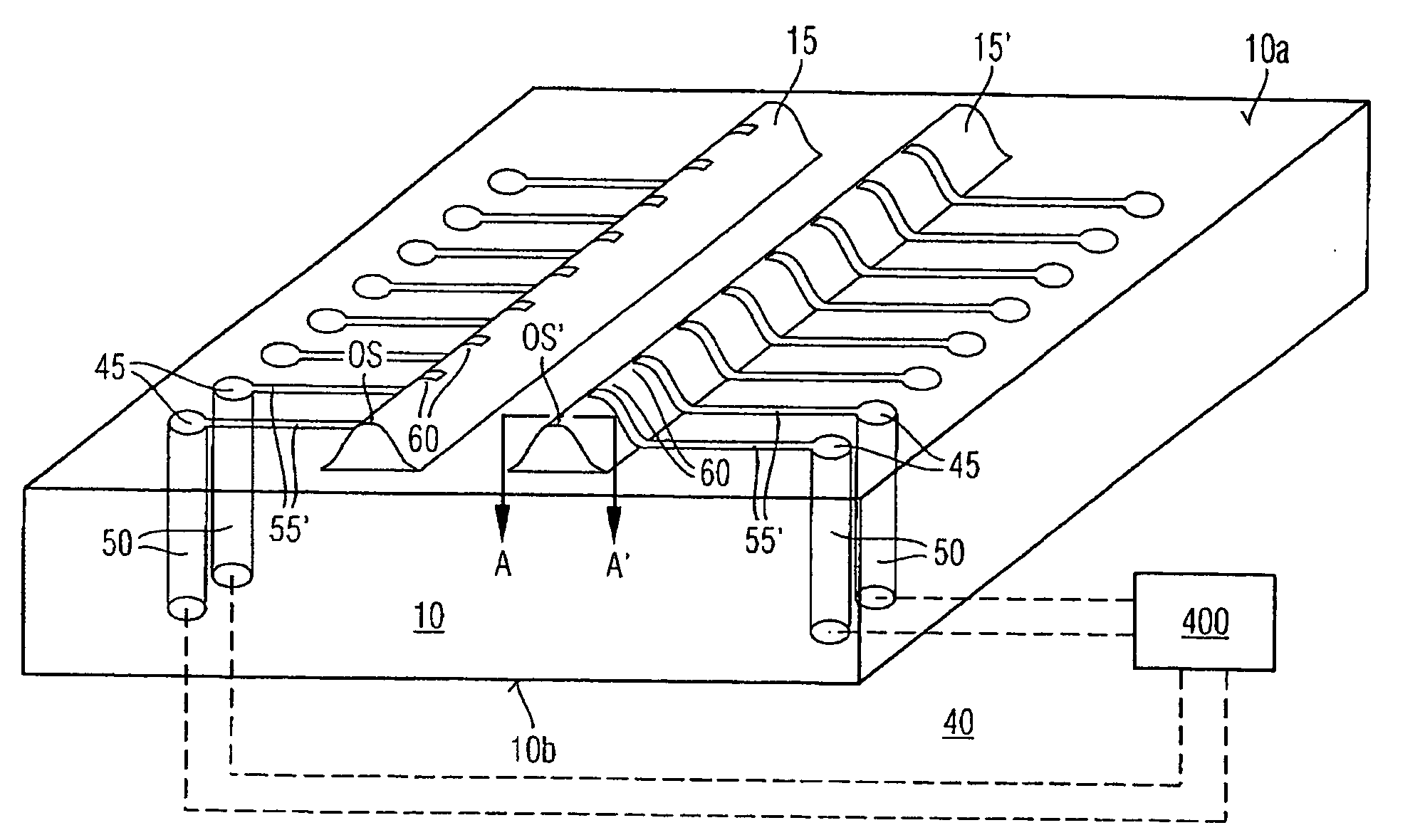 Contacting device, testing method and corresponding production method